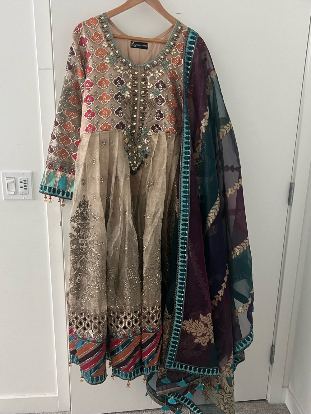 Embellished Multicolor Anarkali Dress with Sheer Dupatta (New) without tag)
